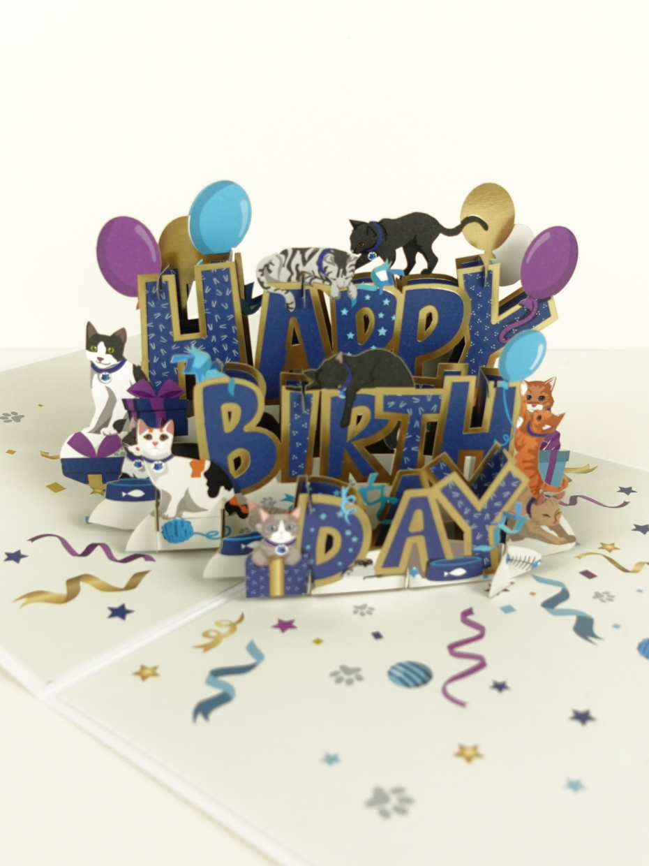 Battersea Cats Happy Birthday Pop Up Card  - Close Up Image